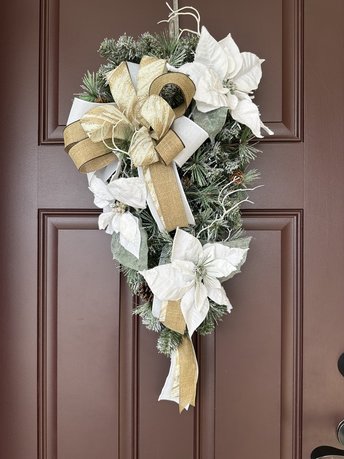 Winter Swag Wreath for Front door, White Wedding Decor, Snowy Poinsettia Door Decoration