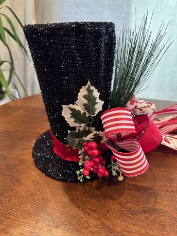 Black Tree Topper Hat Large Red White Bow, Christmas Cardinal Tree Top Hat, Traditional Holiday Centerpiece Decor, Fireplace Mantel Display