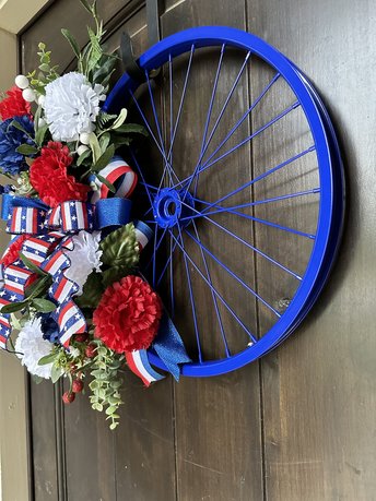 Patriotic Bike Wheel Wreath, 4th of July Bicycle Wheel Blue, Red White Blue Floral Door Hanger, Large Front Porch Door Wheel, Farmhouse Decor