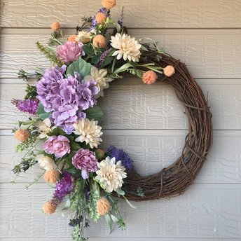 Spring Floral Wreath Front Door, Pastel Flower Grapevine Wreath, Hydrangea Lilac Summer Wreath, Purple Yellow Floral Porch Decor