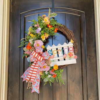 Spring Floral Wreath Front Door, Coral Wildflower Garden Flower Wreath, Colorful Farmhouse Wreath with Bow, Large Spring Pastel Porch Decor
