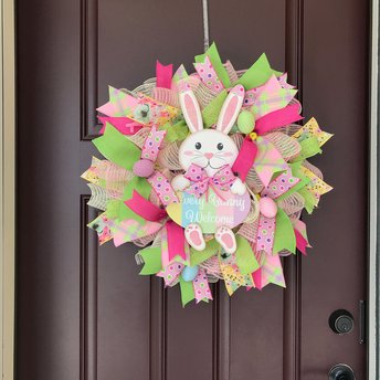 Bunny Wreath for Front Door, Thin Pastel Easter Wreath, Simple Pancake Easter Bunny Wreath, Cute Spring Welcome Wreath Storm Screen Door