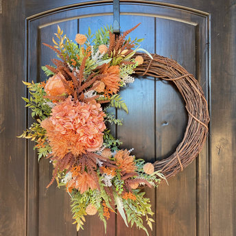 Spring Hydrangea Wreath for Front Door, Summer Peach Coral Floral Grapevine Wreath, Everyday Wreath, Mothers Day Wreath, Elegant Door Decor