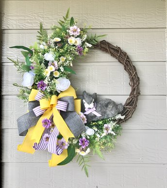 Easter Floral Wreath Front Door, Large Purple Yellow Spring Floral Grapevine Wreath, Elegant Bunny Wreath, Handmade Wildflower door Wreath