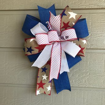 Patriotic Bow for Wreath, Summer 4th of July Lantern Topper, Fourth of July Home Decor, Memorial Day Rustic Bow Topper Red White Blue Topper