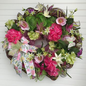 Large Spring Summer Floral Wreath Front door, Butterfly Wreath with Hummingbirds, Pink Flower Garden Wreath, Peony Spring Front Porch Decor