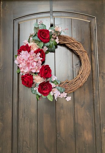 Red Rose Wreath for Front Door, Mothers Day Wreath Gift, Pink Hydrangea Grapevine Wreath, Elegant Designer Floral Wreath, Gift for Her