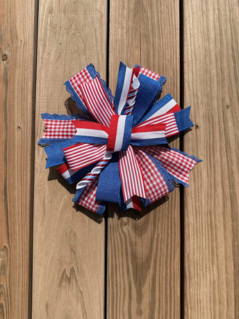 Patriotic Lantern Bow, 4th of July Farmhouse Bow, Handmade Fourth of July Gingham Check Lantern Topper Bow, Memorial Day Decor, Wreath Bow