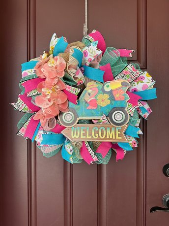 Tropical Summer Wreath for Beach Home, Orchid Door Wreath, Teal Truck Wreath with Flamingo and Toucan, Colorful Coastal Porch Door Decor