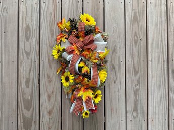 Fall Sunflower Front Door Swag, Rustic Fall Door Wreath with Pinecones Maple Leaves, Handmade Autumn Teardrop Swag, Fall Front Porch Swag
