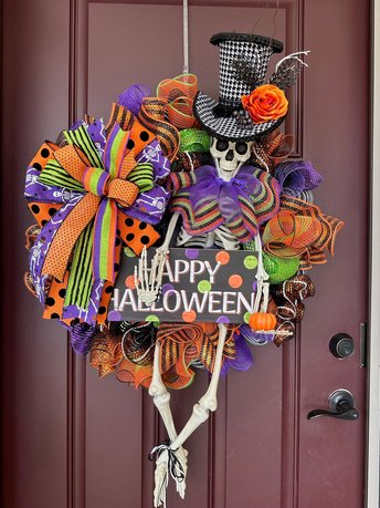 Large Halloween Skeleton Wreath Front Door, Happy Halloween Orange Purple Porch Decor, Designer Fun Spooky Mr. Bones Wreath w Polka dot Bow