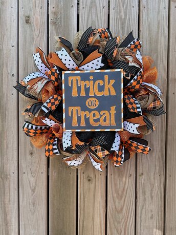 Halloween Trick or Treat Wreath for Front Door, Large Fall Orange Black Fall Halloween Wreath, Handmade Retro Glitter Neon Porch Decor
