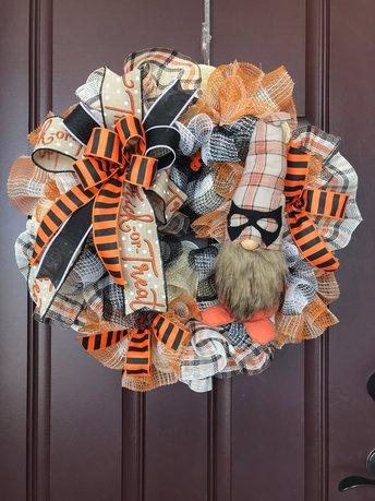 Halloween Gnome Wreath Front Door, Adorable Happy Halloween Orange Black White Porch Decor, Cute Stuffed Masked Gnome Trick or Treat Wreath
