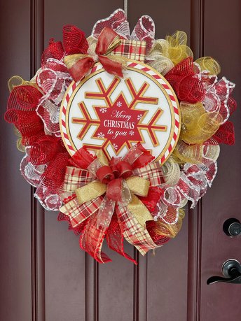 Red Gold Christmas Wreath Front Door, Large Merry Christmas Wreath, Modern Farmhouse Holiday Wreath, Snowflake Ornament Sign Door Wreath