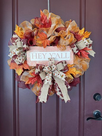 Fall Wreath for Front Door Dark Red, Festive Fall Door Decor, Fall Burgundy Wreath and Large Bow, Hey Ya'll Autumn Welcome Front Porch Decor