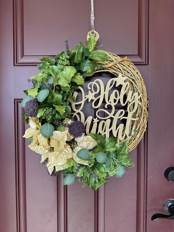 Purple and Gold Poinsettia Christmas Door Wreath, Religious Grapevine Wreath Front Door, Elegant Holiday Home Decor, Oh Holy Night Wreath