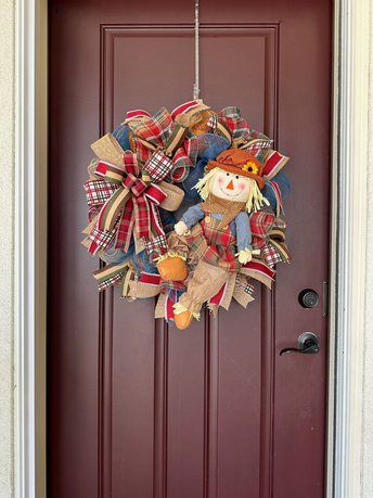 Large Country Girl Scarecrow Wreath Front Door, Adorable Blue Denim Fall Farmhouse Front Porch Wreath with Bow, Handmade Autumn Home Decor