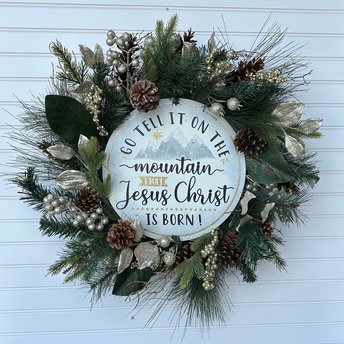 Religious Christmas Wreath Front Door, Go Tell It On Mountain Evergreen Wreath, Large Gold White Holiday Front Porch Jesus Christ Decor