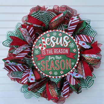 Jesus is the Reason for the Season Christmas Wreath, Religious Wreath for Front Door, Red Green Christmas Decor, Holiday Wreath with sign