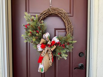 Red White Christmas Wreath for Front Door, Leopard Truck Front Porch Wreath, Evergreen Holiday Wreath, Rustic Grapevine Wreath with Bow