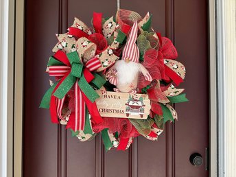 Christmas Gnome Wreath Front Door, Adorable Red White Gnome Porch Decor, Red Green Holiday Wreath with Large Bow, Holly Jolly Christmas Sign
