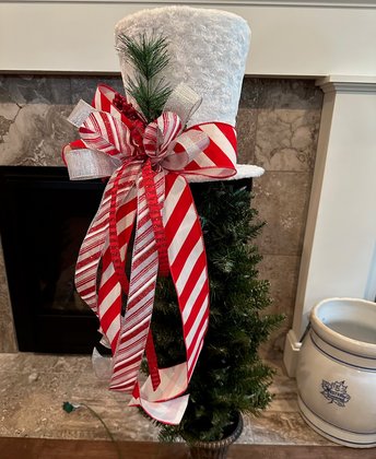 Red White Tree Topper Hat with Large Bow, Christmas Tree Top Hat, Holiday Fireplace Decor,  Christmas Mantel Top Hat Peppermint Centerpiece