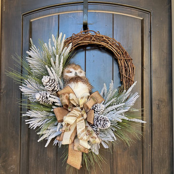 Winter Owl Wreath for Front Door, Woodland Rustic Winter Grapevine Wreath, Elegant Designer Barn Owl Wreath, Holiday Door Decor