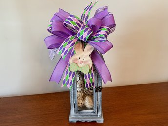Purple Easter Bow, Spring Lantern Bow, Purple Pink Green Wreath Bow, Easter Lantern Topper, Bow with Bunny, Large Handmade Spring Bow Decor