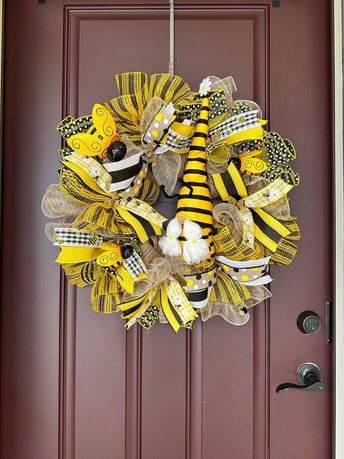 Summer Bee Wreath Front Door, Handmade Yellow Black White Bumble Bee Gnome Door Wreath, Large Colorful Summer Welcome Wreath Porch Decor
