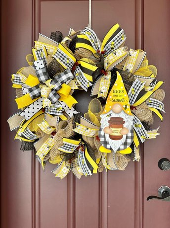 Summer Bee Wreath Front Door, Handmade Yellow Black White Wreath with Bumble Bee Bow, Large Yellow Summer Welcome Wreath Porch Decor,