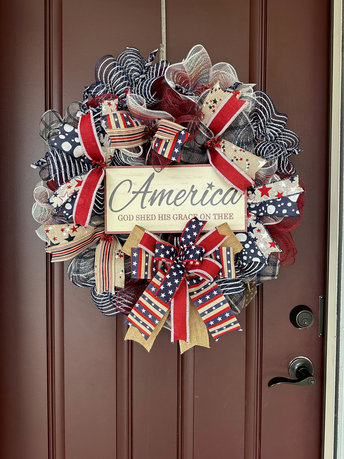 4th of July Front Door Wreath, Large Navy Blue Red White Patriotic Americana Wreath, Fourth of July Front Porch Handmade Wreath Stars Sripes