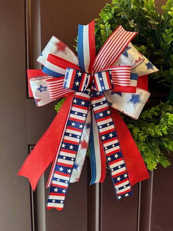 Patriotic Lantern Bow, Summer 4th of July Lantern Topper, Fourth of July Decor, Memorial Day Wreath Bow, Large Handmade Red White Blue Bow