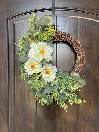 Everyday Floral Wreath for Front Door, Peony floral wreath, Green White Grapevine Wreath, Mothers Day Gift, Handmade Designer Porch Decor