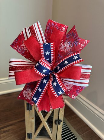 Patriotic Lantern Bow, Summer 4th of July Lantern Topper, Large Handmade Red White Bow Wreath or Lantern Decoration, Stars and Stripes Decor