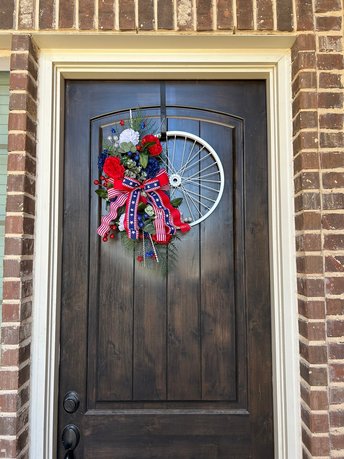 Patriotic Bike Wheel Wreath, 4th of July Bicycle Wheel, Red White Blue Floral Door Hanger, Large Front Porch Door Wheel, Farmhouse Decor
